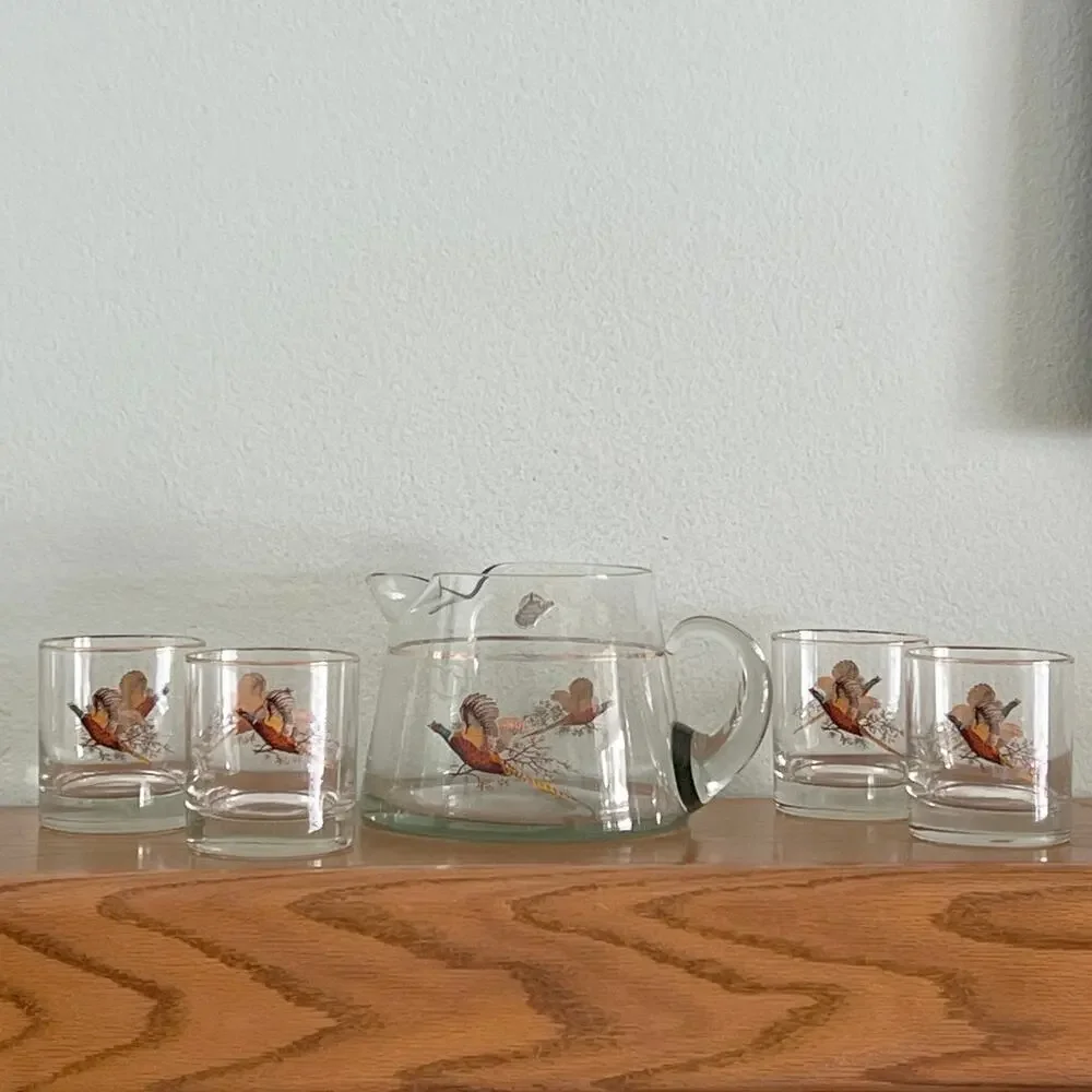 MCM West Virginia Glass Pheasants hand made juice pitcher and four juice glasses